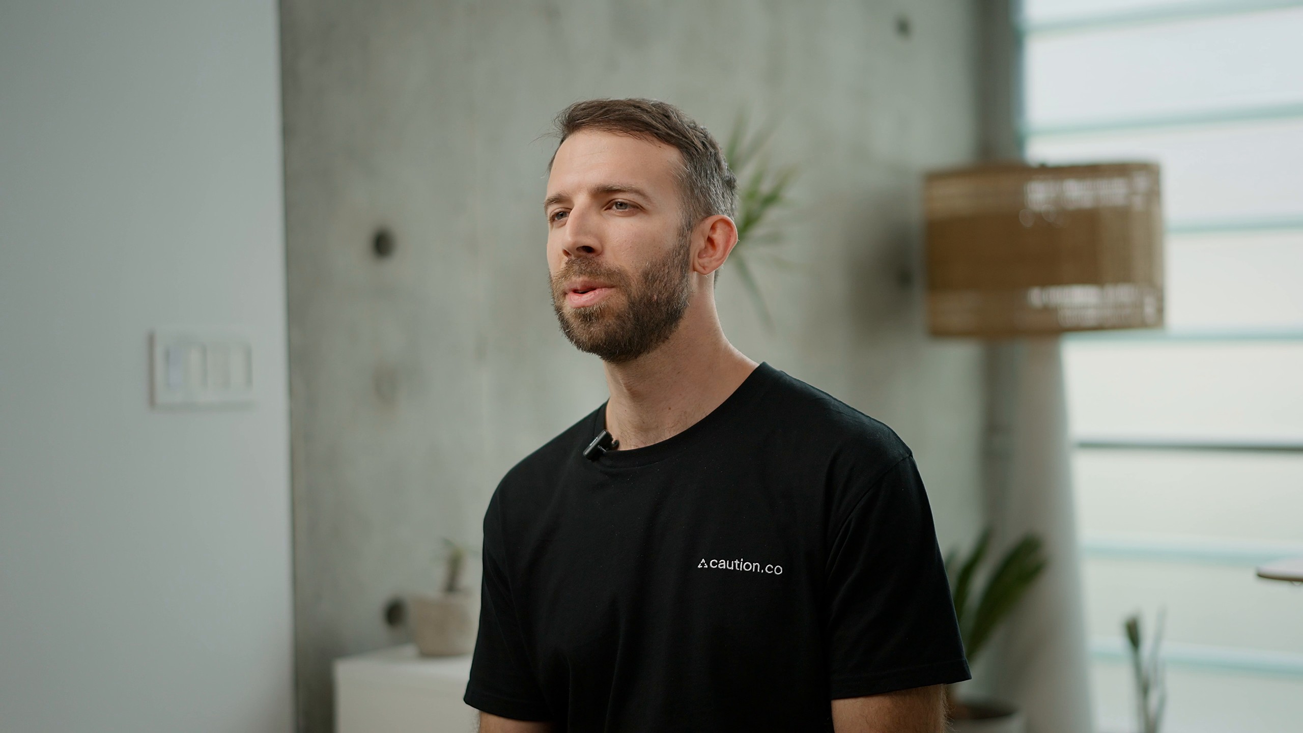 Caution CEO Anton Livaja, side angle from the second camera, filmed by FogLine Visuals in its SoMa studio, San Francisco