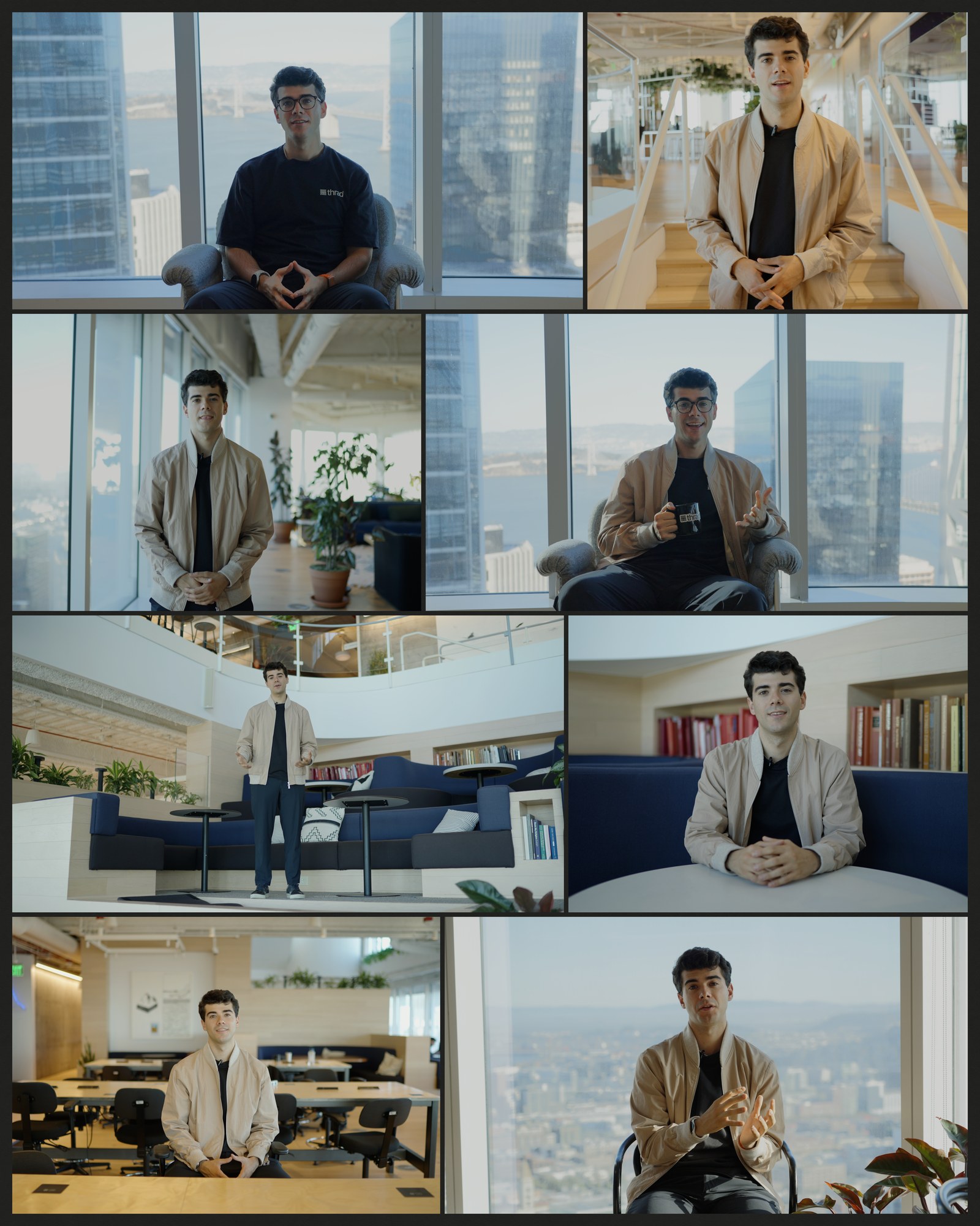 Collage of eight setups with Thrad CEO Andrea Tortella from FogLine Visuals shoots in San Francisco