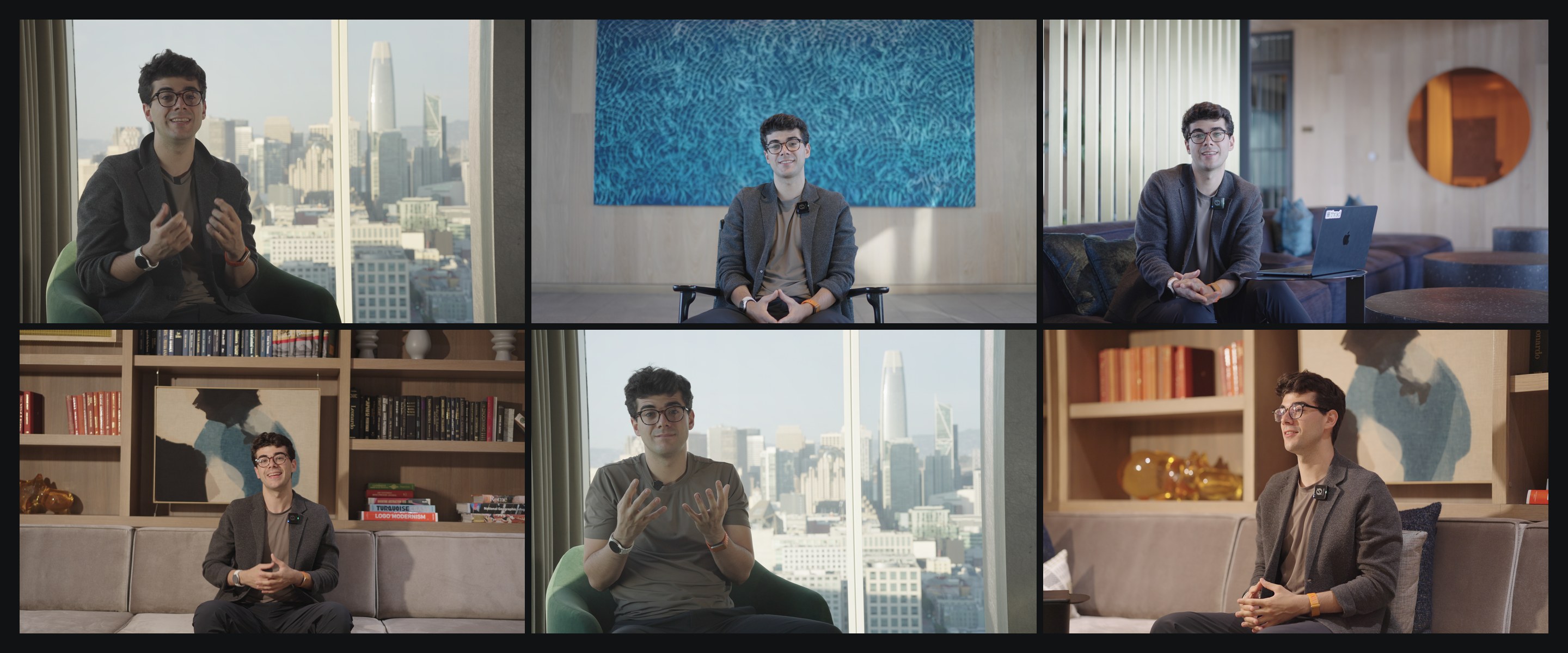Collage of six more setups with Thrad CEO Andrea Tortella filmed by FogLine Visuals in San Francisco, with the Salesforce Tower in two of the shots