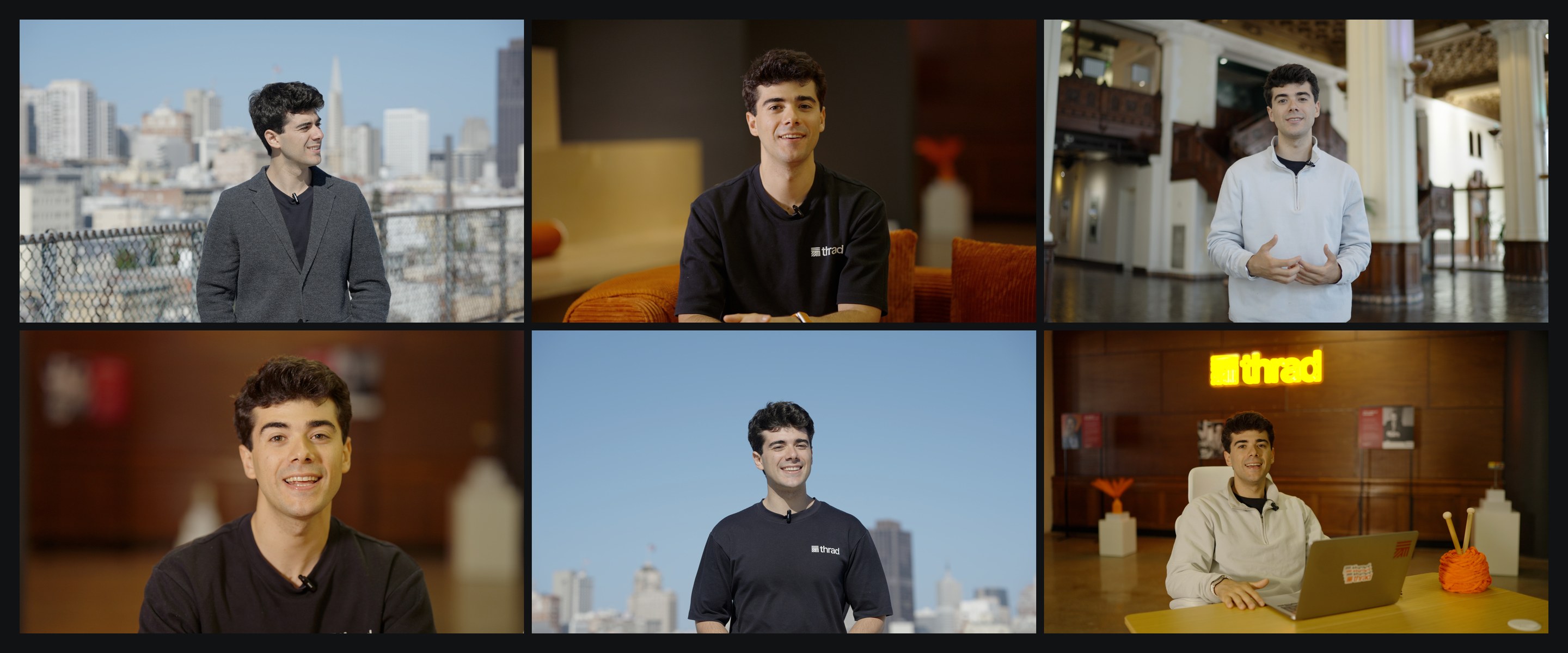 Thrad CEO Andrea Tortella filmed by FogLine Visuals in six setups across San Francisco: rooftops with the city skyline, Thrad's office with its neon sign and a building lobby