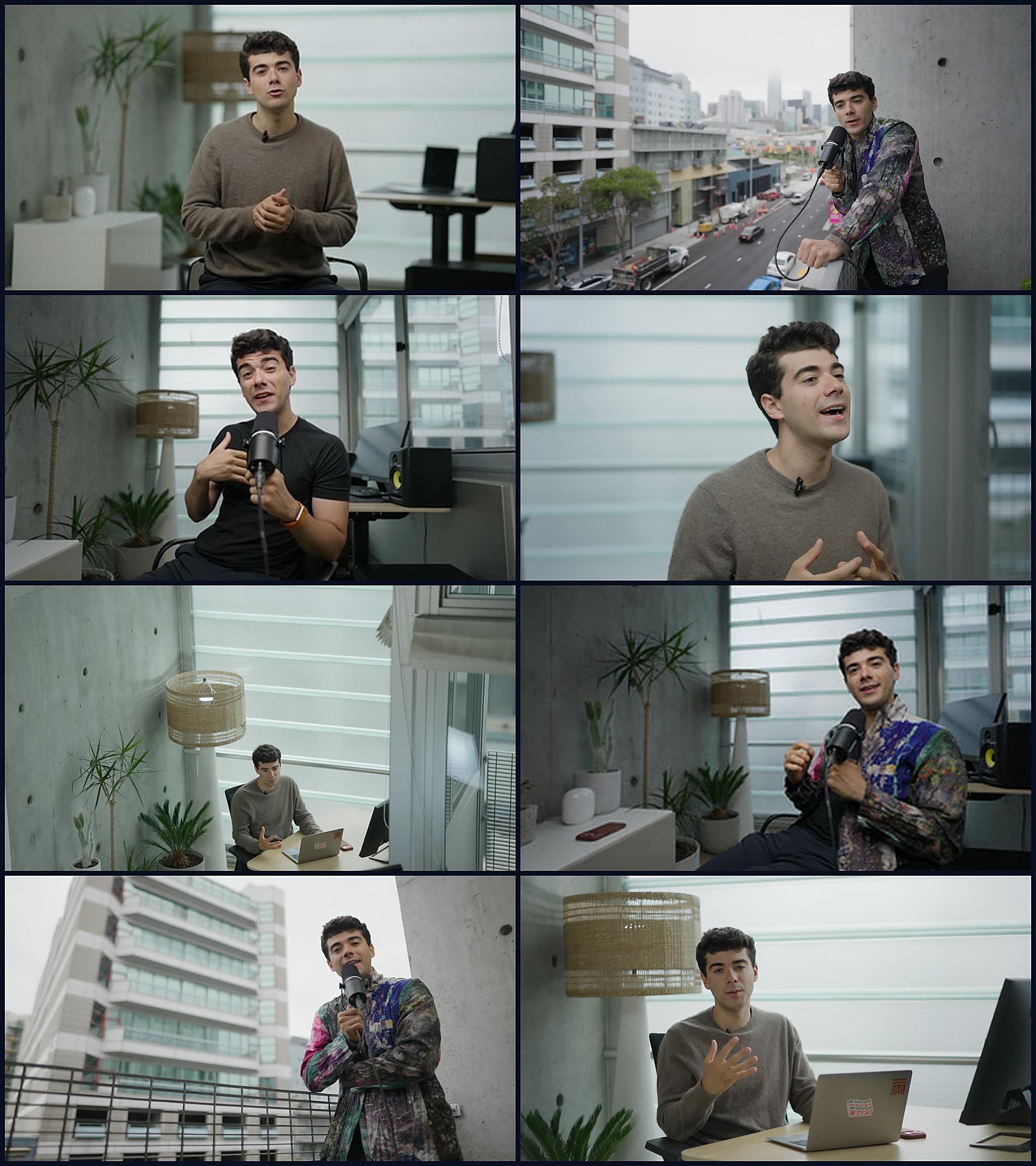 Collage of eight setups with Thrad CEO Andrea Tortella filmed at FogLine Visuals' SoMa studio in San Francisco, including the balcony over the street