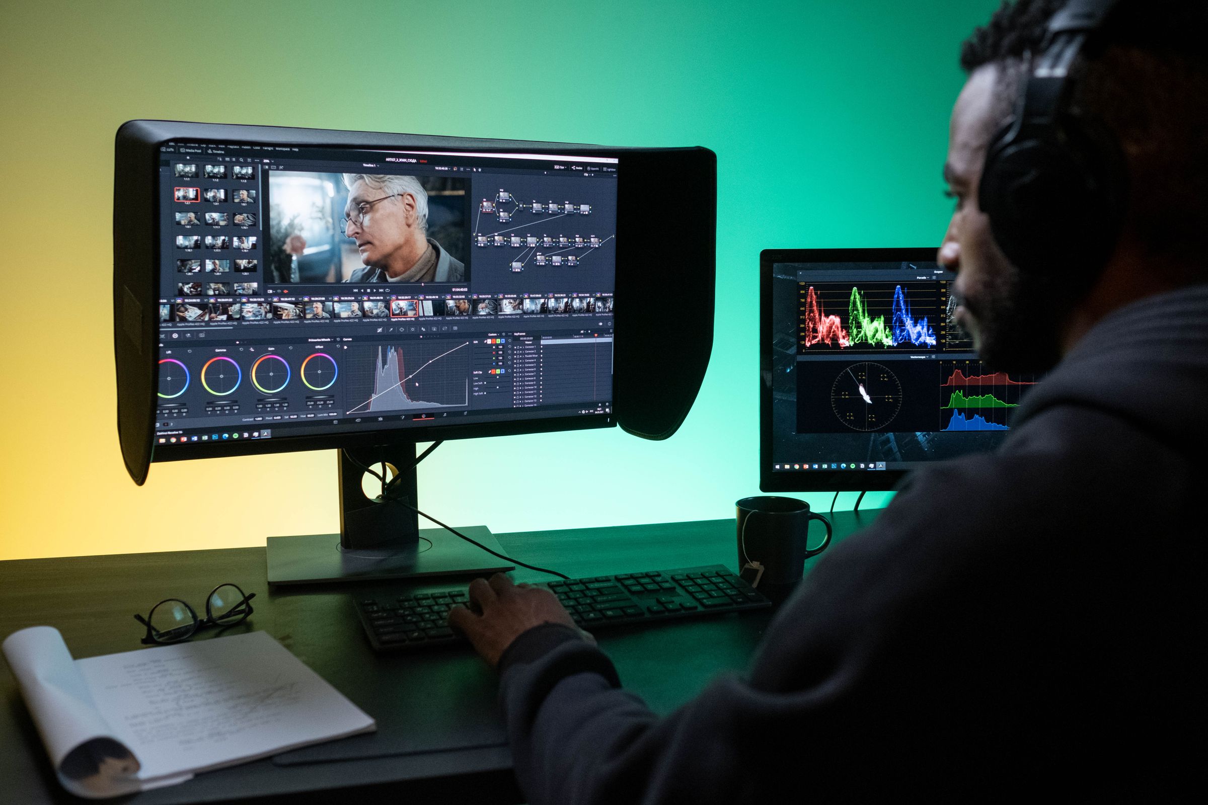 Colorist working in a video color-grading suite