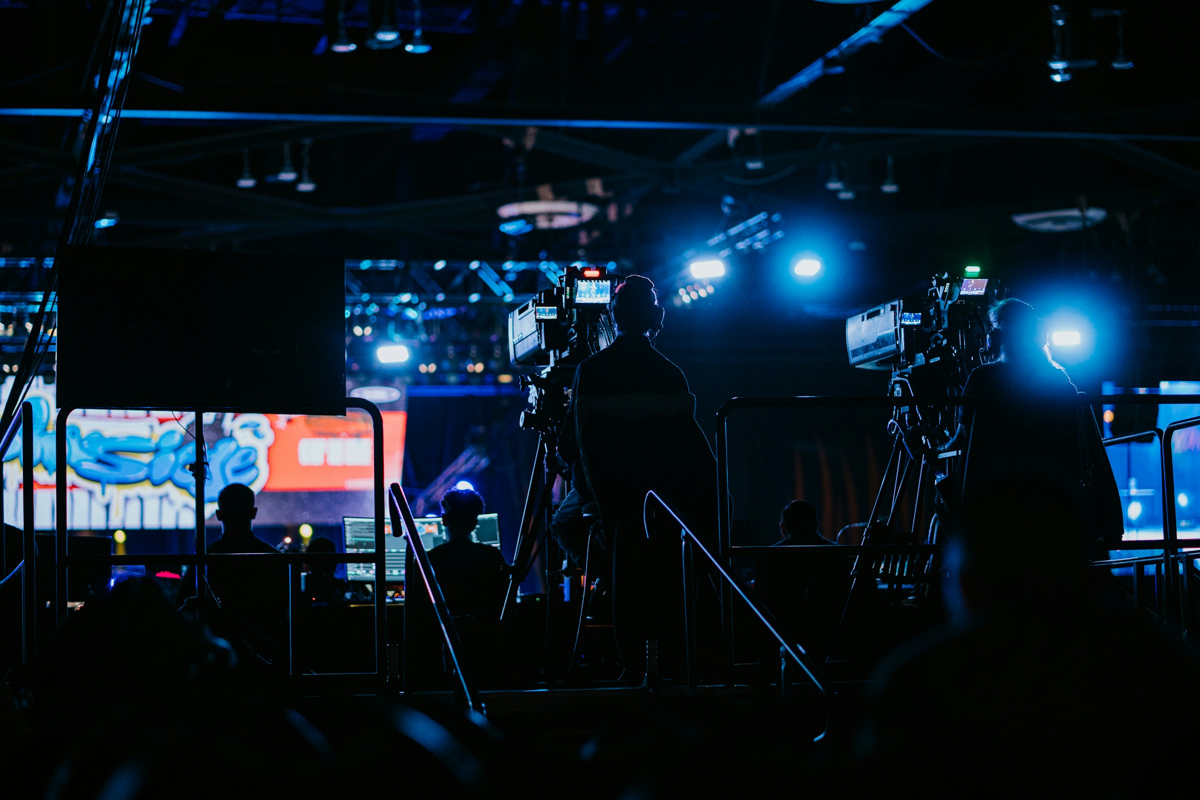 Multi-camera event production on a stage with lights